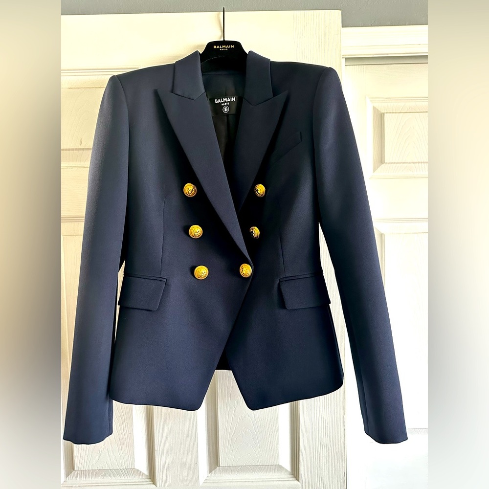 Balmain Double Breasted Wool Blazer, Navy